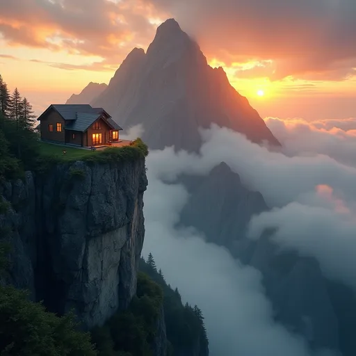 Prompt: A (house) perched on the edge of a dramatic mountain, breathtaking panoramic views, wisps of clouds gently enveloping the peak, (serene atmosphere), vibrant sunset casting warm golden and rich orange hues, (detailed stone textures), lush greenery at the base, peaceful and calming vibe, high vantage point, ultra-detailed, 4K resolution.