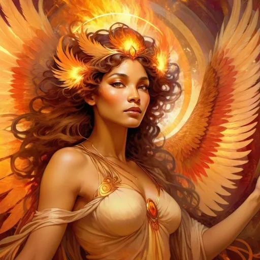 Prompt: Phoenix fire goddess, mixed race, digital painting, majestic wings engulfed in flames, radiant golden feathers, intense gaze with fiery eyes, divine aura, high quality, vibrant colors, fantasy, mystical lighting