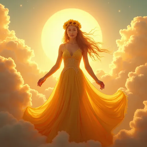 Prompt: (breathtaking Sun goddess), divine radiance, ethereal beauty, majestic presence, golden light illuminating the surroundings, floral crown adorned with sunflowers, flowing gown that resembles sunrays, celestial aura, vibrant colors, warm and inviting, serene expression, surrounded by clouds of warm pastel hues, tranquil atmosphere, sundrenched landscape, high detail, 4K quality.