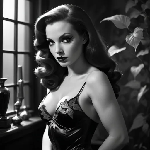 Prompt: Femme fatale, full body pose, vintage noir style, high quality, intense, mysterious, classic beauty, glamorous, alluring, captivating eyes, Poison Ivy, Jessica Rabbit 