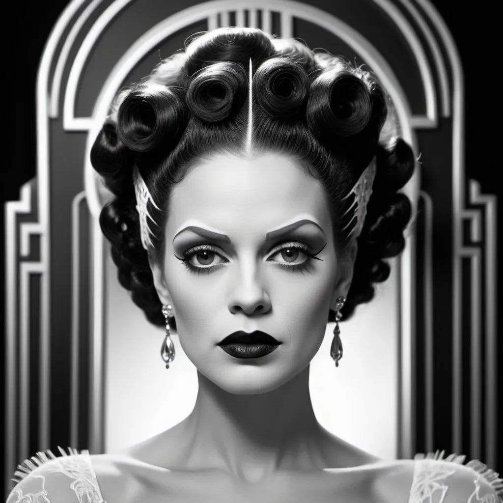 Prompt: Bride of Frankenstein in art deco style, elegant and intricate designs, vintage black and white, glamorous and sophisticated, detailed hair with sleek waves, dramatic makeup with defined eyebrows and dark lips, retro Hollywood glamour, high contrast, elegant and detailed, art deco, vintage, monochrome, dramatic lighting