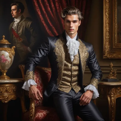 Prompt: Baroque-style oil painting of a distinguished male fashion model, rich textures and intricate details, opulent and luxurious attire, impeccable posture and confident expression, dramatic lighting and deep shadows, aristocratic setting with ornate furniture and lavish draperies, masterfully crafted, realistic portrayal, regal atmosphere, high quality, baroque, oil painting, male fashion model, opulent attire, dramatic lighting, aristocratic setting, regal atmosphere, rich textures