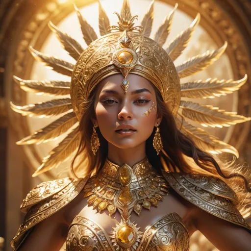 Prompt: Full body detailed action portrait of a sun queen, UHD, detailed face, regal attire, intense expression, dynamic lighting and shadows, royal headdress, ornate jewelry, intricate patterns, majestic pose, highres, ultra-detailed, dynamic, regal, golden and yellow tones, sun beams, powerful, intense lighting