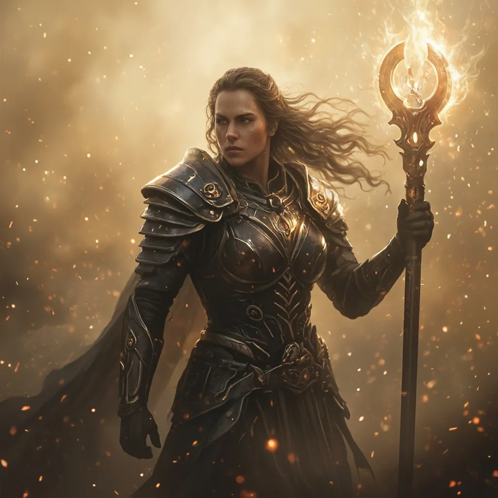 Prompt: Healing warrior priestess in battle, fierce and determined expression, wearing intricately designed armor adorned with sacred symbols, holding a glowing staff radiating healing energy. Surroundings portray a chaotic battlefield filled with swirling dust and faint mystical energies, creating a strong atmosphere of resilience. Ultra-detailed, cinematic lighting emphasizes her divine aura while maintaining a sense of urgency and hope, high quality 4k, photorealistic 