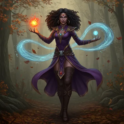 Prompt: Amidst a mystical, fog-covered forest, a powerful enchantress commands attention as she stands poised and confident, embodying the essence of magic and allure. She possesses striking features, accentuated by her ornate purple attire adorned with intricate gold detailing and gemstones, which complement her dark hair cascading in voluminous curls. With one hand, she conjures a glowing orb that radiates fiery colors, while ethereal wisps of blue magic swirl elegantly from her other hand, hinting at her formidable abilities. The atmosphere, tinged with autumn leaves and soft, diffused light filtering through the trees, enhances the enchanting narrative, evoking a sense of wonder and mystery in this fantastical realm.