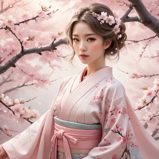 Prompt: (Sakura princess), enchanting atmosphere, delicate floral motifs, ethereal beauty, wearing a flowing kimono adorned with cherry blossoms, soft pastel palette, serene expression, amidst a blooming cherry blossom grove, tranquil ambiance, warm sunlight filtering through petals, intricate details in fabric and blossoms, (high-quality, ultra-detailed).