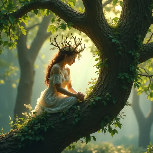 Prompt: (Dryad sitting in her hawthorn tree), ethereal and enchanting woodland spirit, intricately entwined with the robust branches, vibrant green leaves, and delicate white blossoms, (magical atmosphere), serene and tranquil, dappled sunlight filtering through the rich earthy tones, gentle shadows, detailed bark texture, nature's beauty, (ultra-detailed) 4K quality, a glimpse into the harmony of forest life and mythology