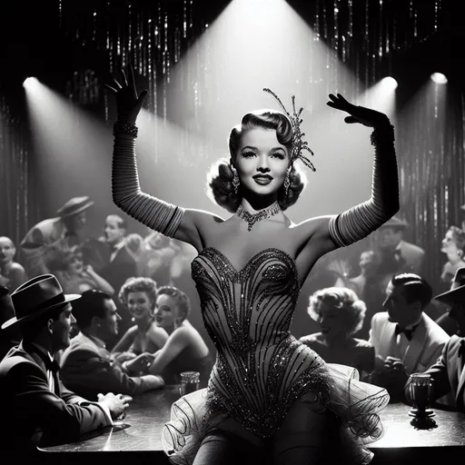 Prompt: 1950s nightclub dancer, classic Hollywood glamour, vibrant colors, detailed stage jewelry, high quality, sultry light, elegant performance, Cyd Charisse, Singin in the Rain, The Bandwagon, glamorous stage performance, detailed, classic Hollywood, glamorous, detailed jewelry, vibrant, sultry lighting