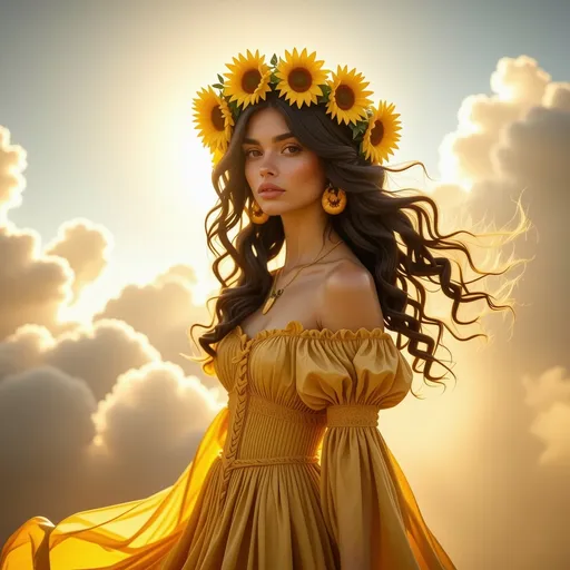 Prompt: (breathtaking Sun goddess), divine radiance, ethereal beauty, majestic presence, golden light illuminating the surroundings, floral crown adorned with sunflowers, flowing gown that resembles sunrays, celestial aura, vibrant colors, warm and inviting, serene expression, surrounded by clouds of warm pastel hues, tranquil atmosphere, sundrenched landscape, high detail, 4K quality.