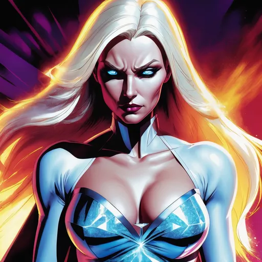 Prompt: Emma Frost from X-men cartoon, intense color palette, digital painting, high quality, intense colors, dramatic lighting, X-men, kinetic energy, digital art, dynamic pose, translucent, diamond skin