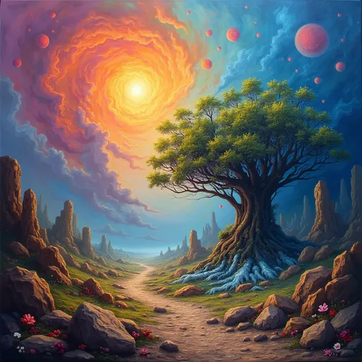 Prompt: (vibrant, abstract representation of the concept of imagination), surreal, dreamlike landscapes, juxtaposition of reality and imagination, vivid colors swirling together, (highly detailed), captures the essence of ephemeral and illusion, enchanting mood, (evocative) atmosphere