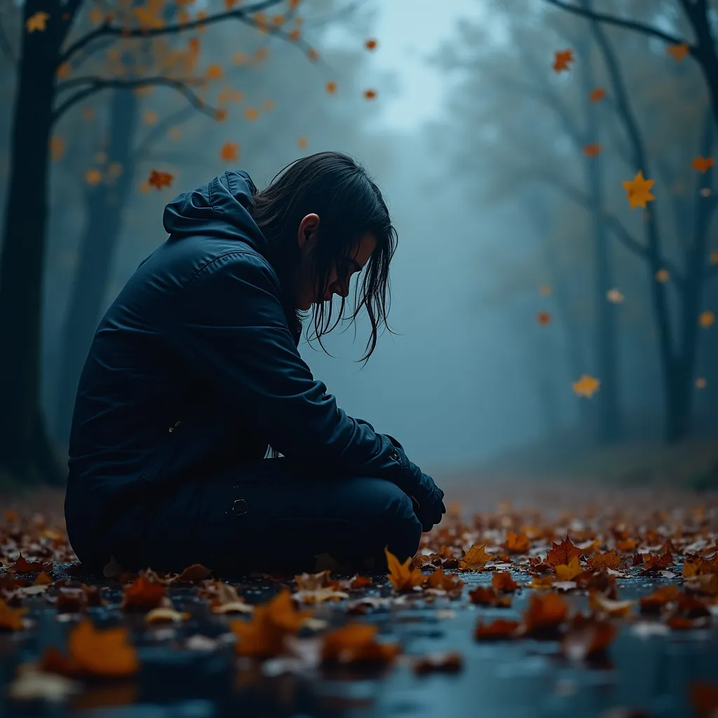 Prompt: (Heartbreak), deep emotional sorrow, dark moody palette, cool tones of blue and grey, poignant atmosphere, soft lighting, blurred background depicting desolation, intricate details illustrating pain, ultra-detailed, high quality, conveying loneliness and despair, stark contrasts to emphasize emotional depth, surrounded by falling autumn leaves symbolizing loss.