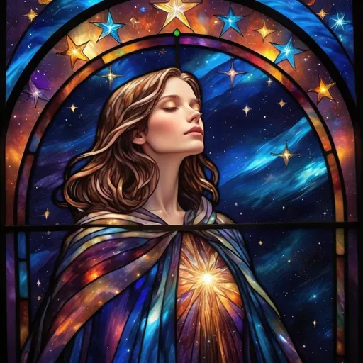 Prompt: A cloak of (infinite starlight), shimmering with celestial sparkles, draping gracefully like a waterfall of light, (ethereal glow) illuminating the surrounding space, vibrant cosmic colors blending seamlessly, set against a backdrop of (vast universe), countless stars twinkling, evoking a sense of cosmic wonder, (highly detailed), captivating depth and luminescence.