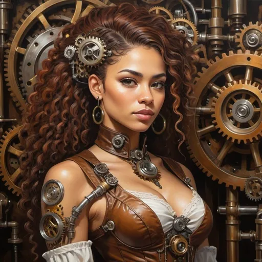 Prompt: Mixed race steampunk woman, intricate Victorian-style gears and cogs accessories, industrial mechanical arm prosthesis, rich and warm color palette, realistic oil painting, detailed facial features with mixed race ethnicity, vibrant hair adorned with gears and feathers, confident and steely gaze, high quality, ultra-detailed, realistic oil painting, steampunk, Victorian, warm tones, intricate details, mechanical arm, professional lighting