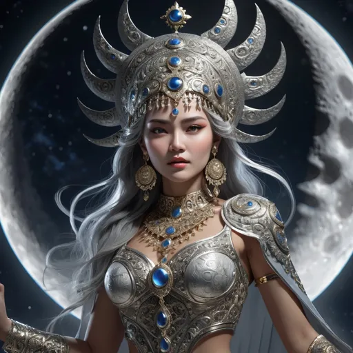 Prompt: Full body detailed action portrait of a moon  goddess, UHD, detailed face, regal attire, intense expression, dynamic lighting and shadows, headdress, ornate jewelry, intricate patterns, majestic pose, highres, ultra-detailed, dynamic, regal, silvery, moon and stars, powerful, intense