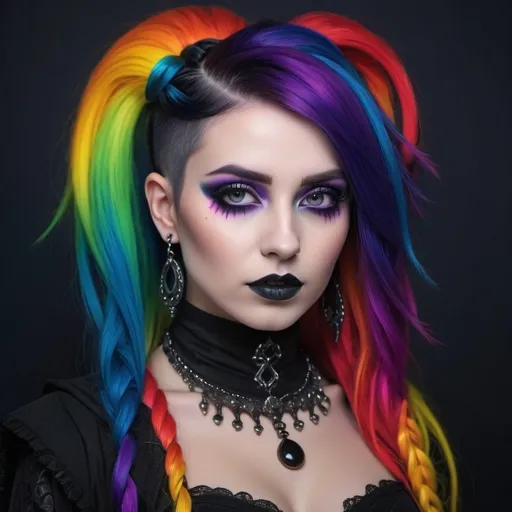 Prompt: (rainbow goth girl), vibrant colors, fusion of gothic and rainbow styles, striking contrast, unique hairstyle, bold makeup, expressive clothing with dark and colorful elements, moody atmosphere, soft dramatic lighting, background filled with mystical elements, (4K) ultra-detailed, captivating expression, artistic blend of emotions and aesthetic styles