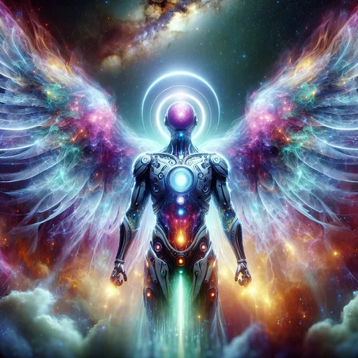 Prompt: Intergalactic space angel, cosmic energy wings, glowing halo, celestial body, ethereal and majestic, high-tech suit, vibrant and otherworldly colors, divine radiance, nebula background, 4k, ultra-detailed, futuristic, celestial, vibrant colors, ethereal lighting