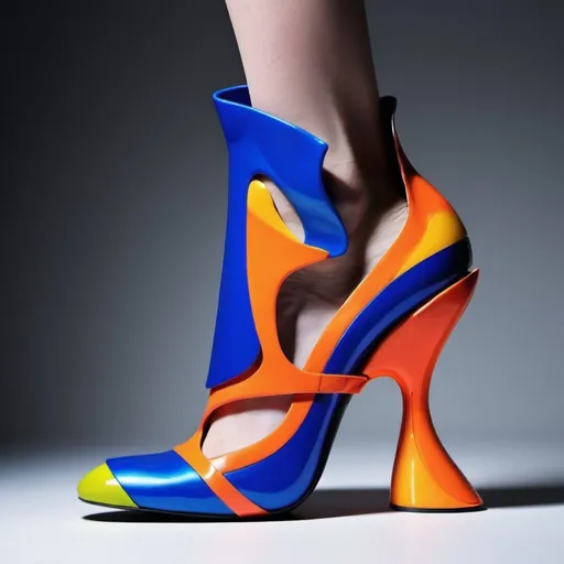 Prompt: Experimental fashion shoes, avant-garde, surreal, high-concept, futuristic materials, distorted silhouettes, vivid colors, unconventional textures and materials, abstract lighting, high quality