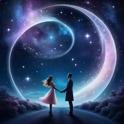 Prompt: Long distance lovers meeting in a dream, cosmic, ethereal and dreamlike atmosphere, swirling moons and stars , surreal and whimsical, surrealism, high quality, dreamy, romantic, ethereal lighting 