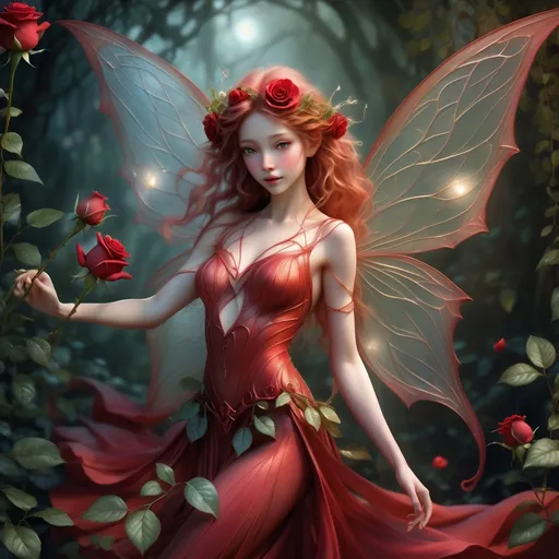 Prompt: (Red rose flower fairy), (intricate details), (Brian Froud style), ethereal beauty, dynamic pose, whimsical elements, intricate wings on back, soft mystical lighting, enchanting ambiance, high-quality illustration, expressive eyes, adorned with leafy accessories, delicate features, vibrant foliage, a world of fantasy, magical atmosphere