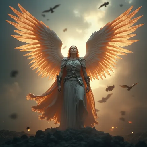 Prompt: Avenging angel, majestic wings spread wide, cloaked in ethereal colors, surrounded by an aura of vengeance. Powerful expression, military stance, with determination radiating from the figure. 4K ultra-detailed, cinematic atmosphere invoking awe and intensity.