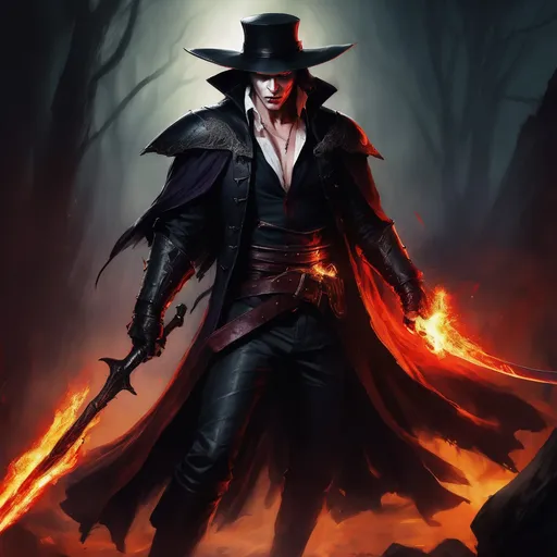 Prompt: Vampire hunter in epic battle with vampires, digital painting, dynamic action poses, high contrast, dramatic lighting, intense and fiery color tones, weapon details, detailed armor, high quality, intense action, dark fantasy, digital painting, dynamic poses, dramatic lighting, fiery color tones, detailed weapons, detailed armor
