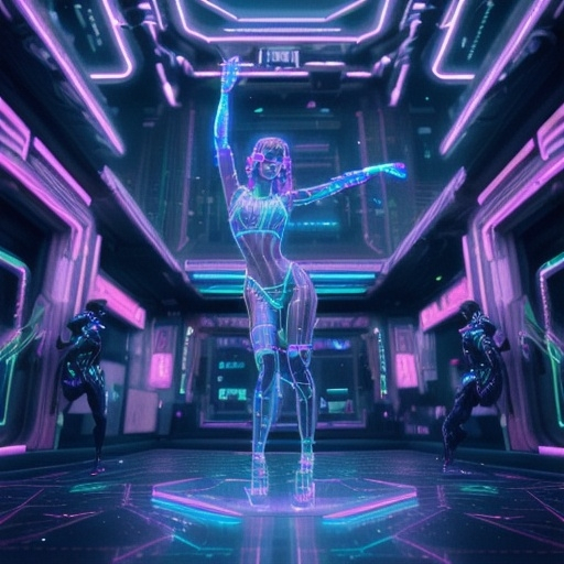 Prompt: (Dancing hologram), action pose, (cyberpunk aesthetic), (neon lights) illuminating the surroundings, soft holographic hues, fragmented reflections, moody atmosphere, intricate details throughout, futuristic cityscape background, high-contrast lighting adding drama, (ultra-detailed) features, evocative and engaging composition, artistic flow transcending reality, 4K quality ensuring stunning visual clarity.