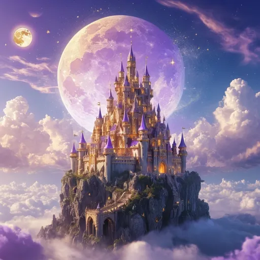 Prompt: Magical flying castle in the sky, ethereal and enchanting atmosphere, celestial light, vibrant colors, golden and lavender hues, a sea of clouds, beams of sunlight breaking through, sparkling stars and a glowing moon, immensely detailed architecture with intricate designs, floating islands surrounding the castle, ultra-detailed, 4K, fantasy 