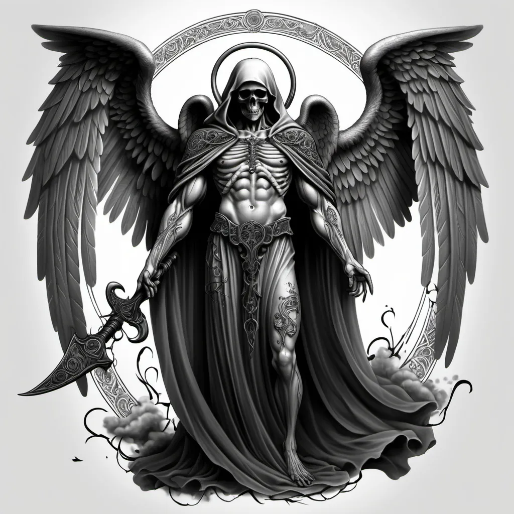 Prompt: Male Angel of death tattoo flash, (intricate design), dark and ethereal tones, (highly detailed), dramatic symbolism, flowing robes, a scythe, winged figure, mystical aura, (bold outlines), rich textures and shading, captivating yet somber vibe, (black and gray), (4K ultra-detailed).