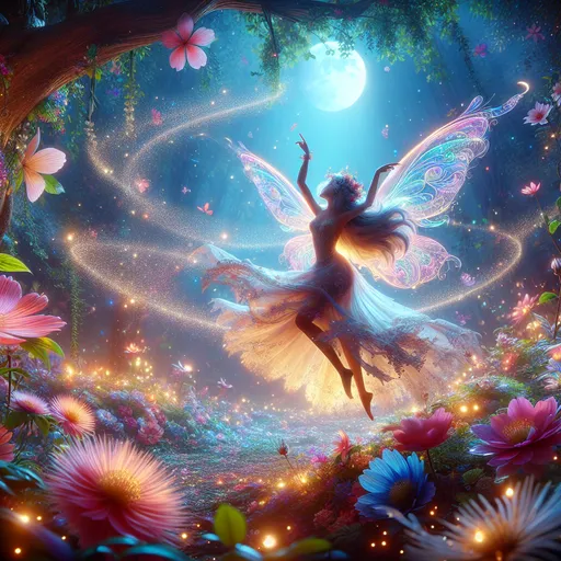 Prompt: (dancing fairy), (whimsical atmosphere), magical glimmers, soft glowing lights, (enchanted forest), vibrant colors, delicate wings fluttering, ethereal vibe, graceful poses, surrounded by flowers and sparkling dust, enchanting moonlight filtering through trees, dreamy ambiance, high detail, 4K, captivating and joyful scene, vivid portrayal of whimsy and fantasy.