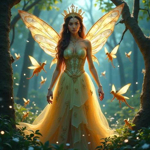 Prompt: (Fairy Queen with her court), enchanting atmosphere, magical forest setting, vibrant colors, shimmering light, whimsical details, ethereal sheens, adorned in flowing gowns with intricate designs, delicate wings shimmering, playful fairies surrounding her, soft glowing orbs floating, serene and regal expressions, highly detailed, ultra-detailed, captivating composition, dreamy vibes, fantasy realm.