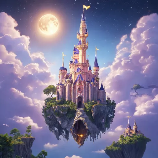 Prompt: Magical flying castle in the sky, ethereal and enchanting atmosphere, celestial light, vibrant colors, golden and lavender hues, a sea of clouds, beams of sunlight breaking through, sparkling stars and a glowing moon, immensely detailed architecture with intricate designs, floating islands surrounding the castle, ultra-detailed, 4K, fantasy 