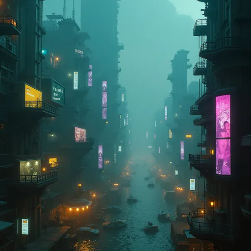 Prompt: (Dystopian futuristic cityscape), sprawling skyline, (yellow, blue, green, purple neon lights), (holographic advertisements), flying cars, (dark, moody atmosphere), (futuristic architecture), rich contrast, shadowy undertones, (4K ultra-detailed), cinematic lighting, atmospheric perspective, vibrant colors amidst darkness, immersive and chilling vibe, intricate details in architecture.