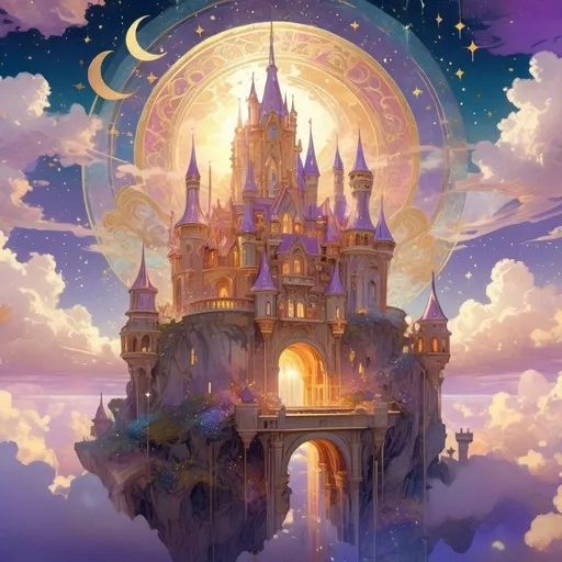 Prompt: Magical flying castle in the sky, ethereal and enchanting atmosphere, celestial light, vibrant colors, golden and lavender hues, a sea of clouds, beams of sunlight breaking through, sparkling stars and a glowing moon, immensely detailed architecture with intricate designs, floating islands surrounding the castle, ultra-detailed, 4K, fantasy 