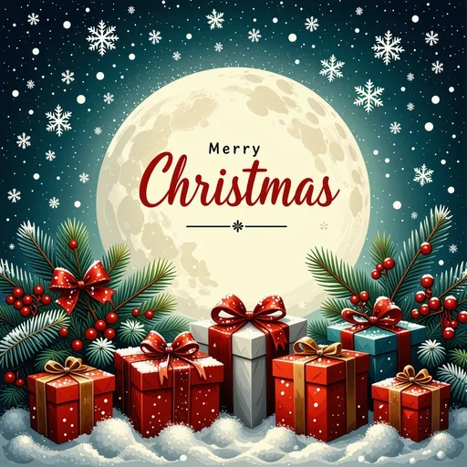 Prompt: (Christmas card design), festive decorations, whimsical typography, warm colors like red and green, intricate snowflakes, cozy winter scene with falling snow, a cheerful holiday ambiance, beautifully wrapped gifts, stunning visual elements that convey warmth and joy, ultra-detailed, pleasing composition, high-quality greeting card illustration, inviting atmosphere