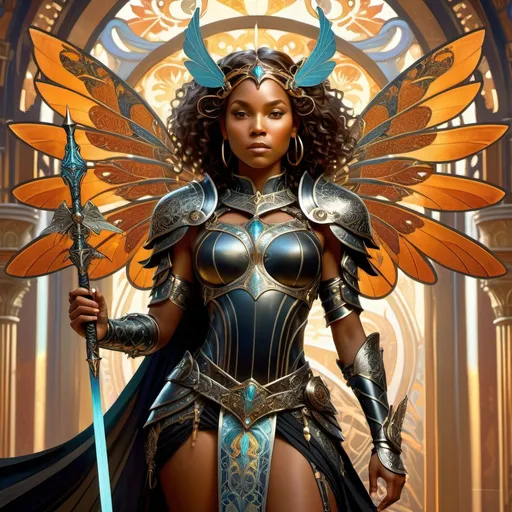 Prompt: Full body portrait of black female paladin in ornate armor with dragon fly wings , dramatic lighting, full HD, immense detail, well-lit, intricate patterns, mystical aura, detailed facial features, vibrant color scheme, magical atmosphere, high resolution, detailed armor and weapons , professional digital art, enchanting, dramatic shadows, mystical, enchanting lighting