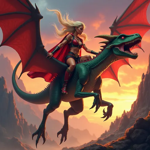 Prompt: (Taarna riding her pterodactyl into battle), dynamic pose, (heavy metal vibe), vibrant colors, dramatic lighting, high contrast, an epic fantasy landscape background, (ultra-detailed), stylized 80s animation, Heavy Metal movie style