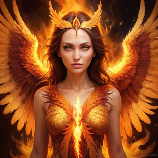 Prompt: Phoenix fire goddess, digital painting, majestic wings engulfed in flames, radiant golden feathers, intense gaze with fiery eyes, divine aura, high quality, vibrant colors, fantasy, mystical lighting