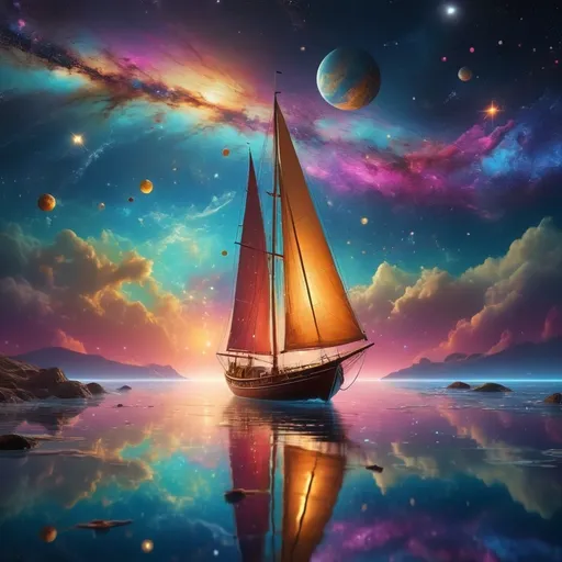 Prompt: (sailing on the sea of time and space), (cosmic colors), surreal night sky, luminous stars, illuminating pathways through the universe, dreamlike atmosphere, tranquil yet adventurous vibe, (highly detailed), depth of field, enchanting reflections of galaxies on water, (hyper-realistic)