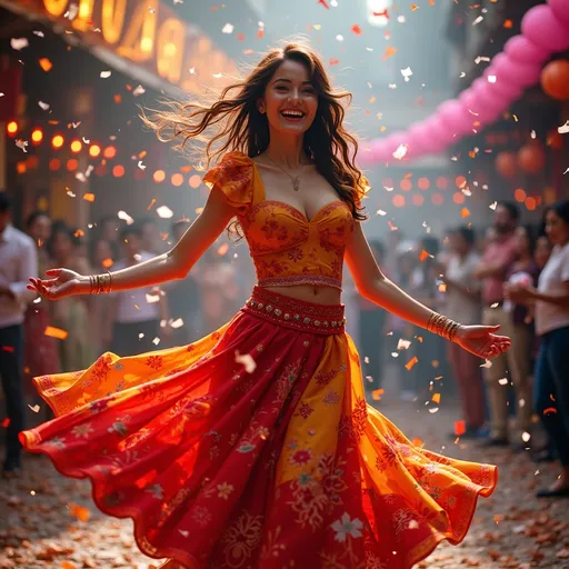 Prompt: Festively dressed woman dancing, (vibrant colors), joyous expression, flowing dress adorned with festive patterns, twirling motion, (celebratory atmosphere), radiant lighting, glittering confetti falling around, (high quality, ultra-detailed), joyful energy radiating, festive background filled with colorful decorations, dynamic pose capturing the spirit of celebration.