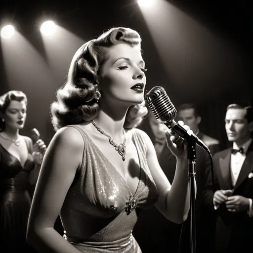 Prompt: 1940s singer performing in a nightclub, glamorous stage performance, vintage microphone, classic Hollywood glamour, Rita Hayworth, Veronica Lake, smoky atmosphere, golden spotlight, detailed stage jewelry, smooth jazz vibe, high quality, vintage style, sultry lighting, classic Hollywood, elegant performance, retro atmosphere, vintage microphone