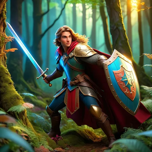 Prompt: Fairytale hero for hire, cinematic, highly detailed, magical realism, enchanting atmosphere, luminous lighting, vibrant colors, whimsical and adventurous, dynamic pose, hero with a sword and shield, intricate costume design, mystical forest background, glowing fairytale creatures, ultra-detailed, high resolution, 4K, professionally rendered.