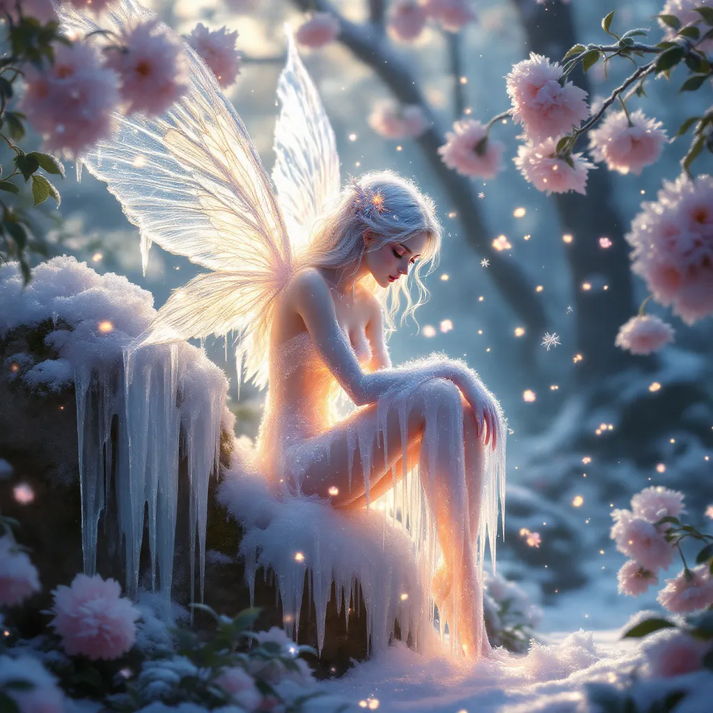 Prompt: (melting ice fairy), delicate wings dripping with glistening icicles, ethereal glow from the fairy's body, surrounded by frost-covered flowers, shimmering particles in the air, enchanted forest backdrop, soft pastel color tones, serene and mystical ambiance, (highly detailed), magical light illuminating the scene, ethereal presence, enchanting winter wonderland vibe.