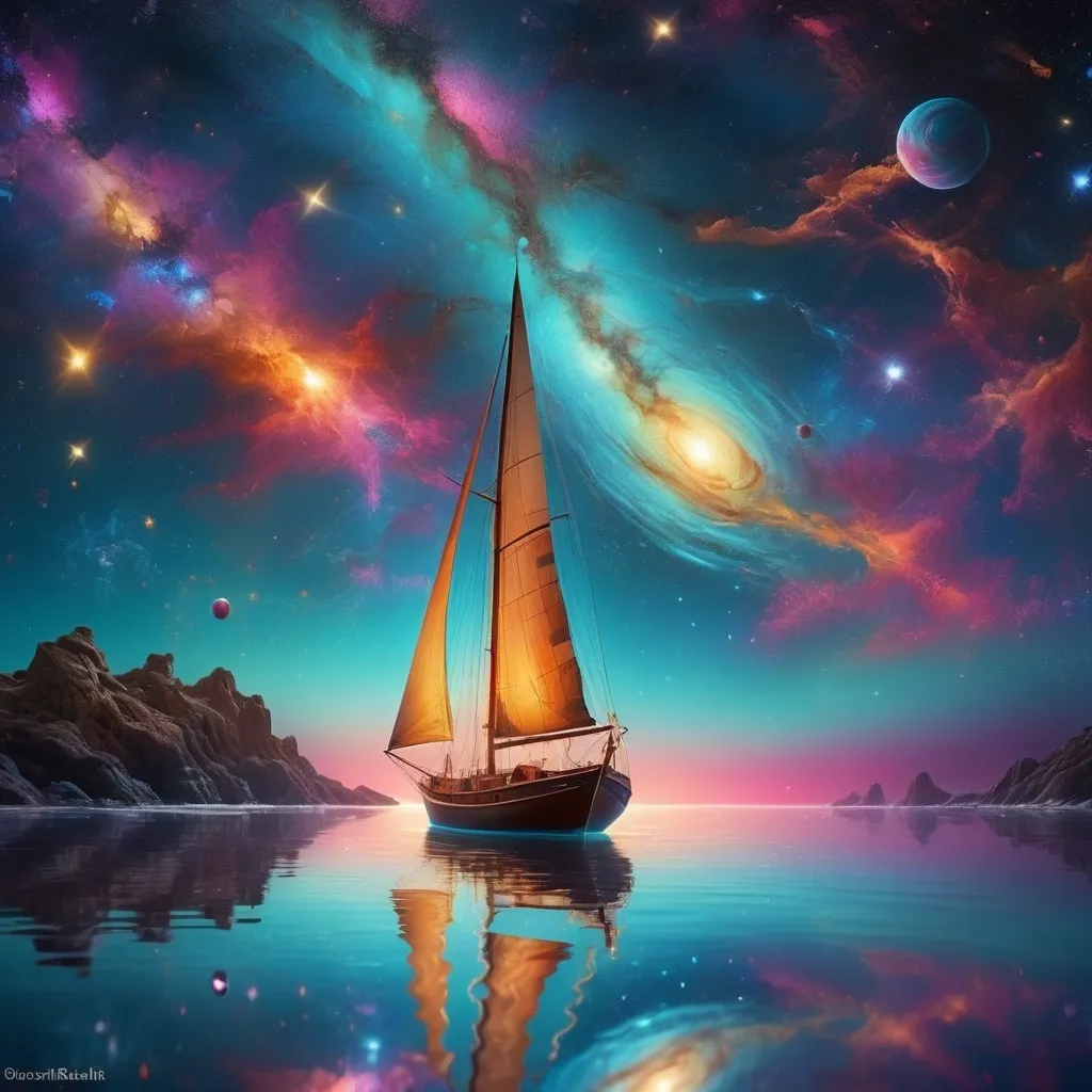 Prompt: (sailing on the sea of time and space), (cosmic colors), surreal night sky, luminous stars, illuminating pathways through the universe, dreamlike atmosphere, tranquil yet adventurous vibe, (highly detailed), depth of field, enchanting reflections of galaxies on water, (hyper-realistic)