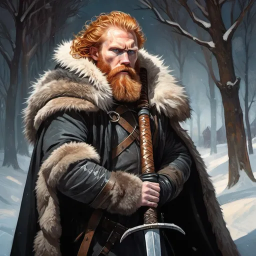Prompt: Tormund from Game of Thrones wielding a massive sword, realistic oil painting, fierce expression, detailed fur cloak, snowy landscape, high contrast lighting, high quality, realistic, dramatic lighting, intense atmosphere