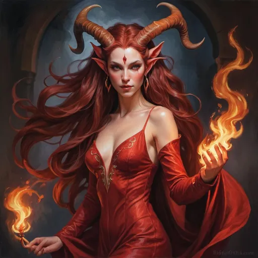Prompt: Beautiful tiefling with elegant horns and long flowing hair, rich and vibrant red skin, full body pose, delicate and mesmerizing features, fantasy oil painting, detailed and lifelike, fantasy, elegant, regal, oil painting, vibrant colors, graceful horns, flowing hair, high quality, atmospheric lighting, flames