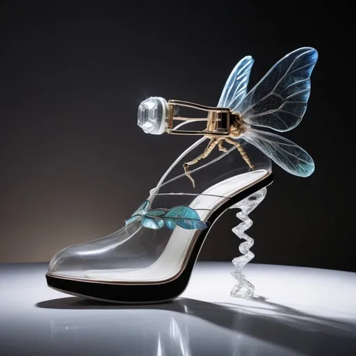 Prompt: Experimental glass shoes, avant-garde, high-concept, cutting edge, unconventional materials, crystal dragonfly closure, professional lighting, high quality photography 