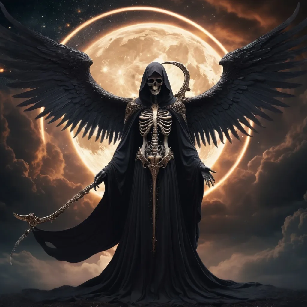 Prompt: Angel of Death, (ethereal figure shrouded in flowing dark robes), towering wings, haunting yet serene expression, grasping a luminous scythe, cosmic backdrop with swirling dark clouds and flickering stars, warm hues contrasting cold darkness, (highly detailed), (atmospheric and ethereal ambiance), spellbinding and dramatic composition, (ultra-detailed, 4K).