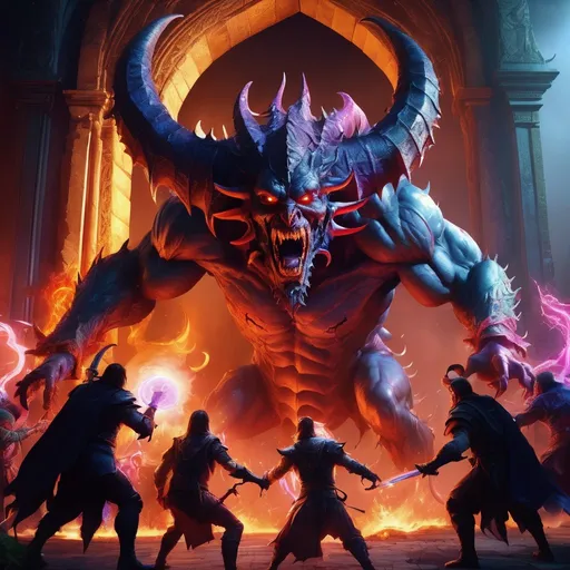 Prompt: Party of adventurers facing an arch demon , 3D rendering, intense action, high quality, fantasy, vibrant colors, dynamic poses, detailed textures, magical effects, mystical lighting, highres, ultra-detailed, epic battle, D&D, fantasy setting, exciting atmosphere