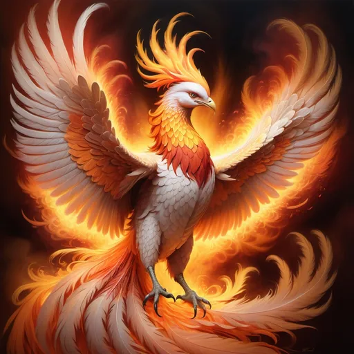 Prompt: (High detailed nature portrait), (majestic phoenix), vibrant fiery colors, intricate feathers blending with glowing embers, ethereal atmosphere enhanced by dramatic lighting, background of swirling flames and smoke creating a dynamic scene, soft golden undertones adding warmth, ultra-detailed, hyper-realistic, photorealistic, capturing the essence of this mythical creature in a breathtaking tableau.